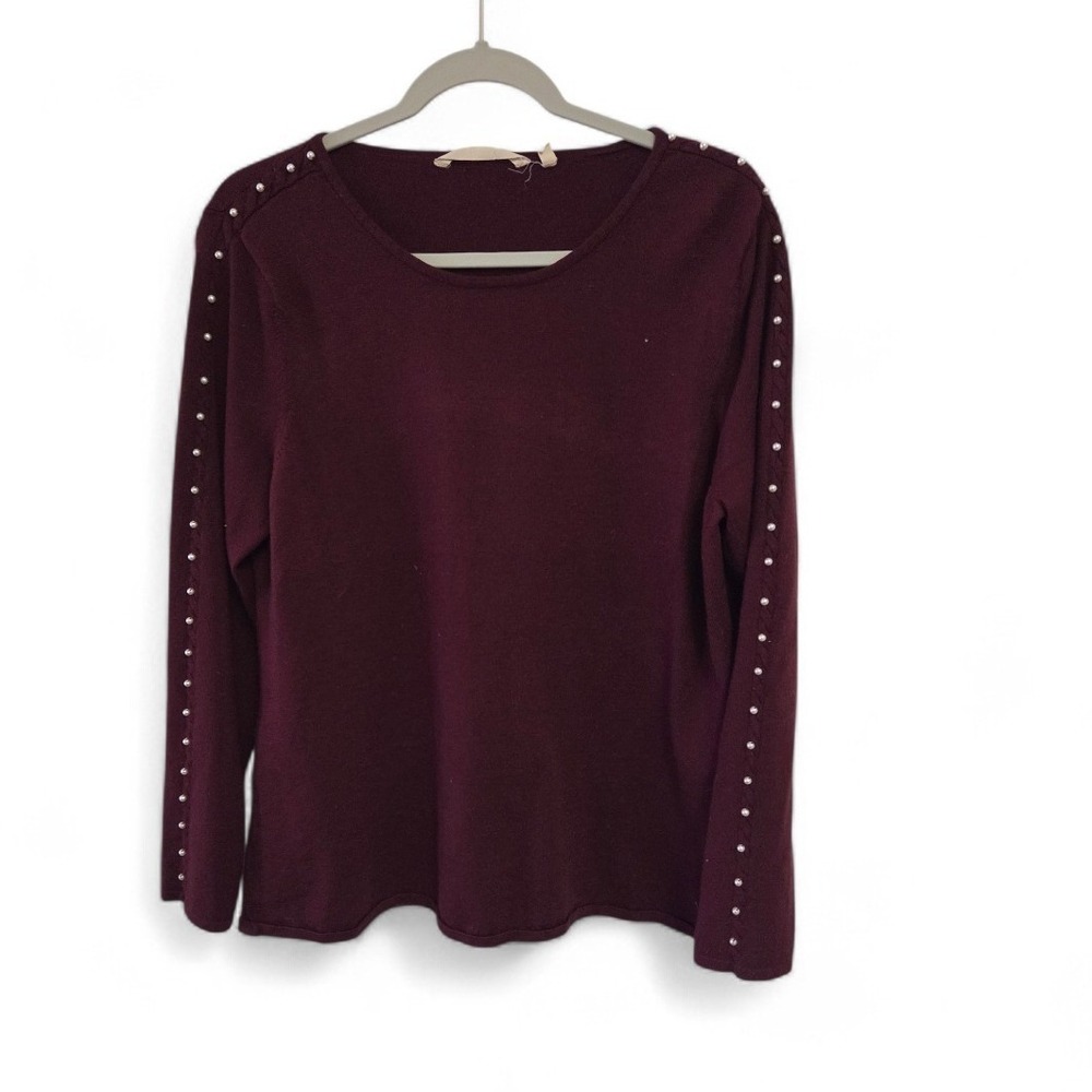 Soft Surroundings Burgundy Pearl Embellished Knit Sweater Womens Long Sleeve Top
